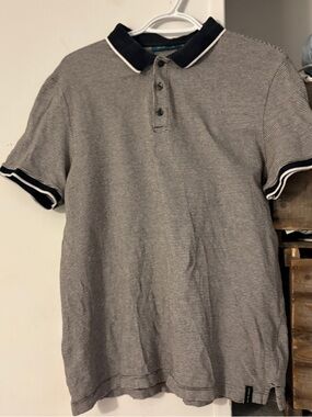 Perry Ellis Black & White Striped Short Sleeve Polo Shirt Size Medium